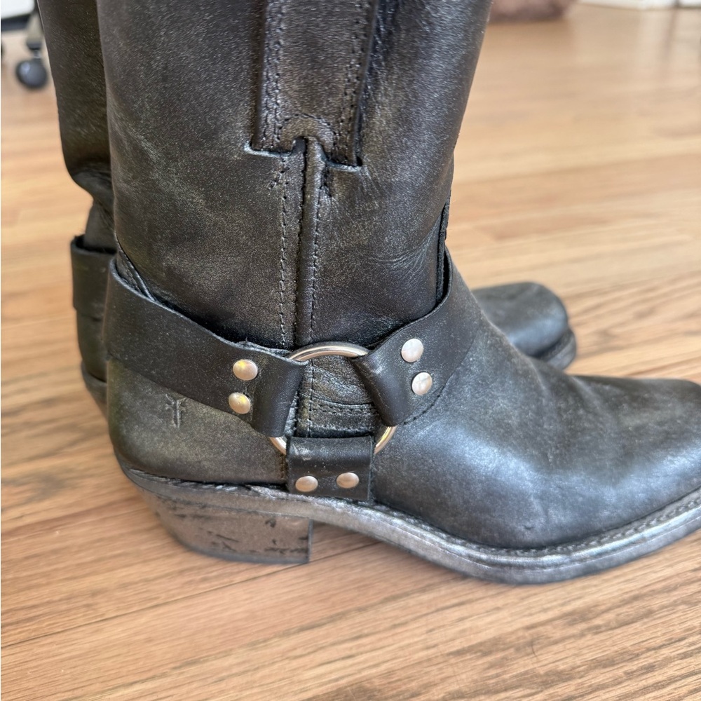 Frye Black and Silver Leather Moto Boots